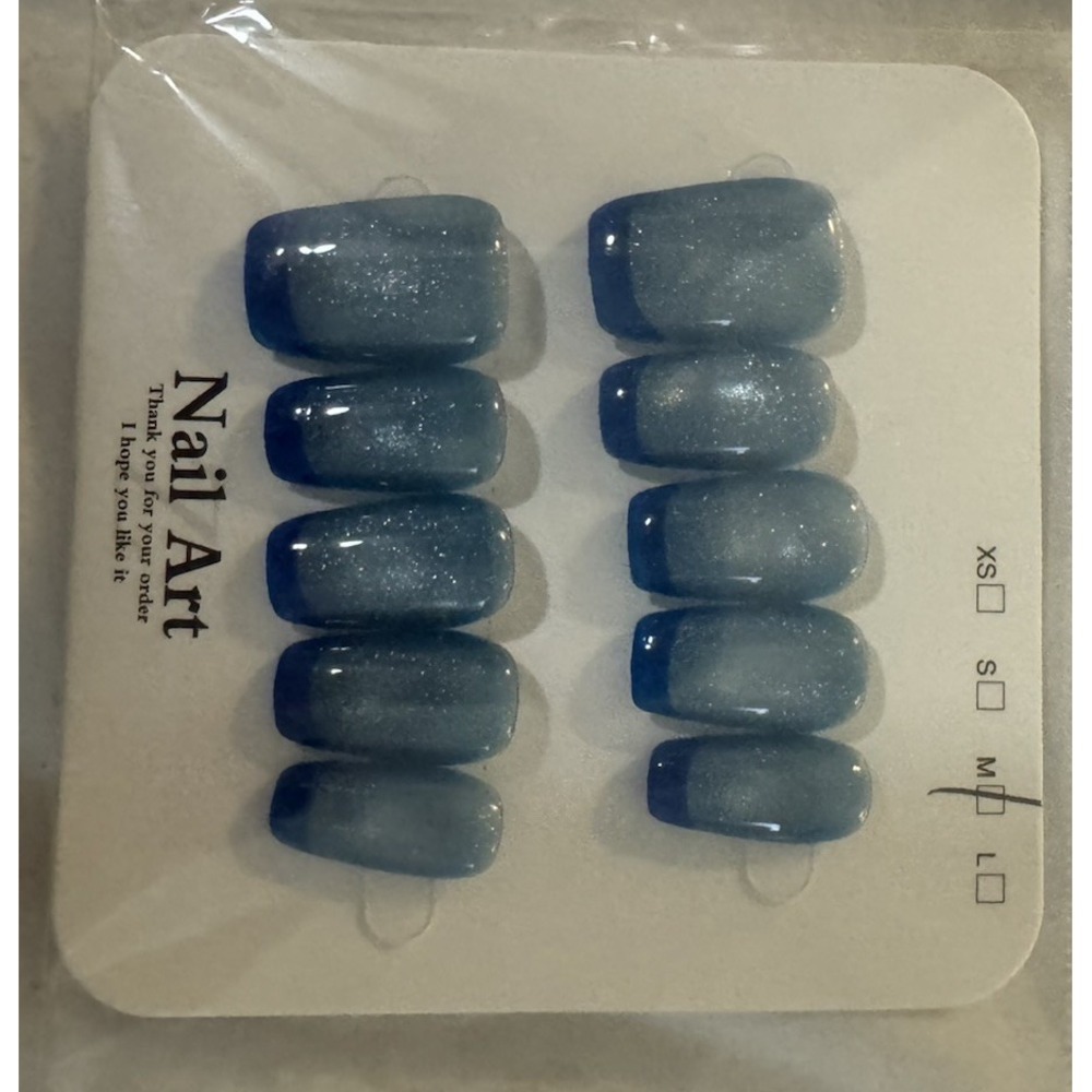 Sparkly Short‎ Square Blue Press On Nails With Blue French Tips